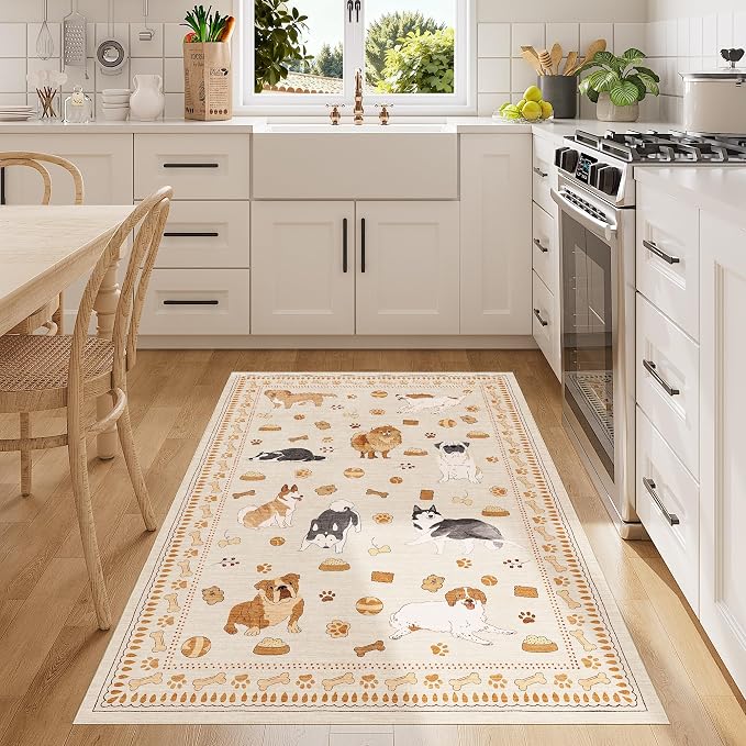 DUKINO 3x5 Area Rug, Lightweight Washable Entryway Rug with Non Slip & Low Pile, Soft Non Shedding Animal Dog Print Pattern Indoor Carpet for Bedroom, Kitchen, Bathroom, Kids Room, Beige Yellow
