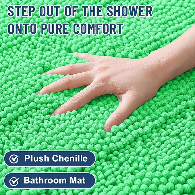 Grandaily Chenille Striped Bathroom Rugs 24x16, Extra Thick and Soft Absorbent Bath Mats, Rubber Backing, Plush Shaggy Shower Carpet, Machine Wash Dry, Bath Rug for Bathroom, Mint Green
