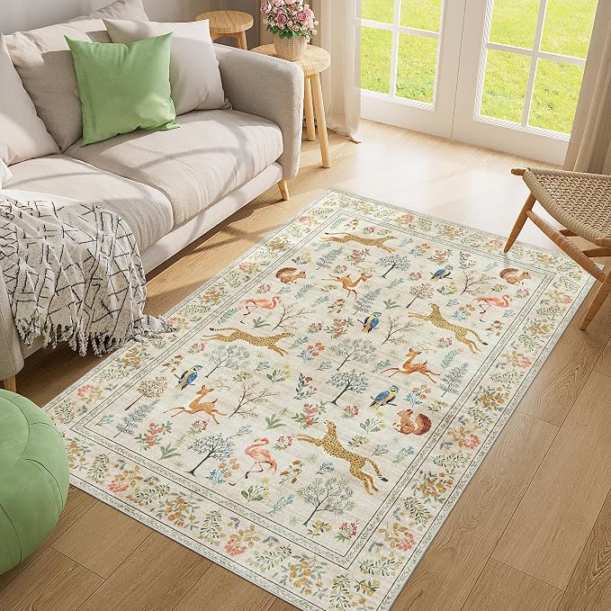 DUKINO 4x6 Rug, Washable Animal Area Rug with Non Slip Vintage Design, Indoor Soft Low Pile Carpet for Bedroom, Nursery, Dining Room, Farmhouse, Playroom, White