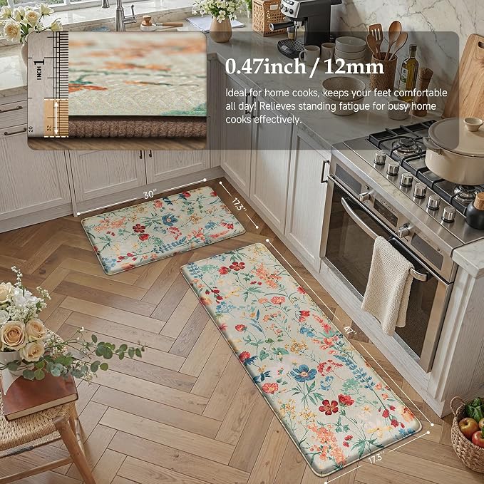 PureCozy Kitchen Mats 2PCS Anti Fatigue Cushioned Mat Non Slip Floral Boho Kitchen Mats for Floor Waterproof Comfort Standing Beige Rug for Sink Laundry Office Desk 17.3"x47"+17.3"x30"