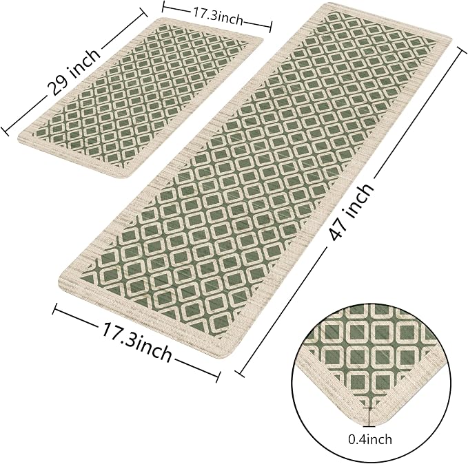 Sage Green Vintage Geometric Elegance Grid Kitchen Rug Sets [2 PCs], Anti-Fatigue, Waterproof Non-Slip Kitchen Mats Heavy Duty Comfort Foam Rug for Kitchen, Floor, Laundry,17"x29"+17"x47"