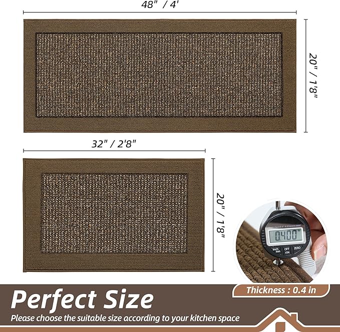 BEQHAUSE Kitchen Rugs and Mats Set of 2 Non-Slip Kitchen Mats for Floor, Absorbent and Stain Resistant Kitchen Runner, Machine Washable Rugs for Kitchen, Laundry & Sink, 20"x32"+20"x48", Brown