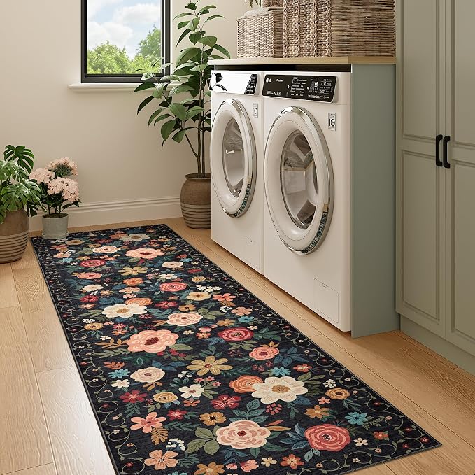 DUKINO Runner Rug, 2x7 Boho Kitchen Rug for Hallways with Low Pile Design, Washable Non Slip Backing Soft Floral Runner for Kitchen, Hallway, Entryway, Bedroom, Laundry, Black