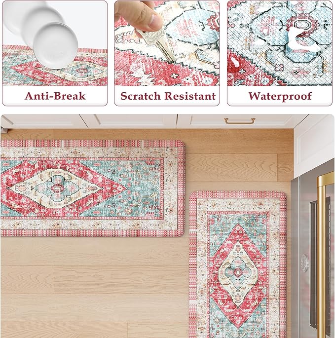 KIMDOE Kitchen Rugs and Mats 2 PCS Cushioned Anti Fatigue Kitchen Floor Mat Non-Skid Waterproof Kitchen Runner Rug Rose Red Laundry Room Rug Boho Desk Mat for Home Kitchen Decor, Floors, Office
