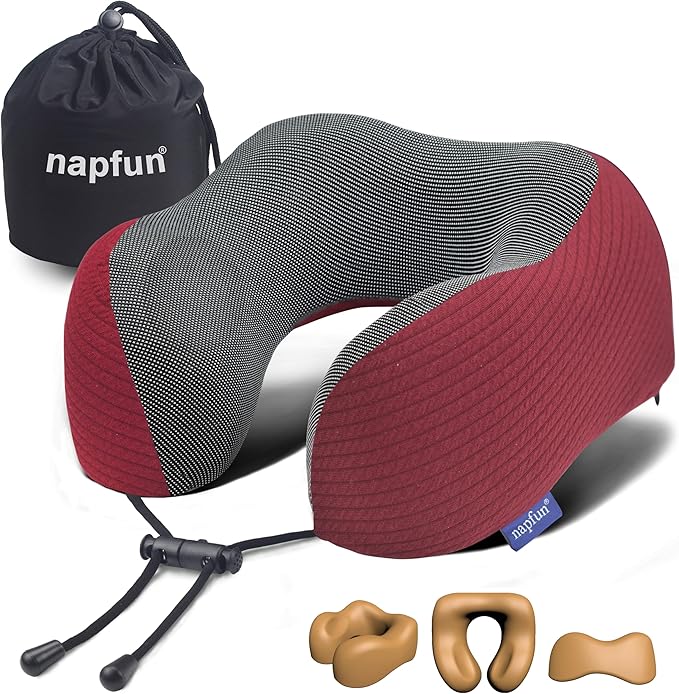 napfun Neck Pillow for Traveling, Upgraded Travel Neck Pillow for Airplane 100% Pure Memory Foam Travel Pillow for Flight Headrest Sleep, Portable Plane Accessories, Burgundy