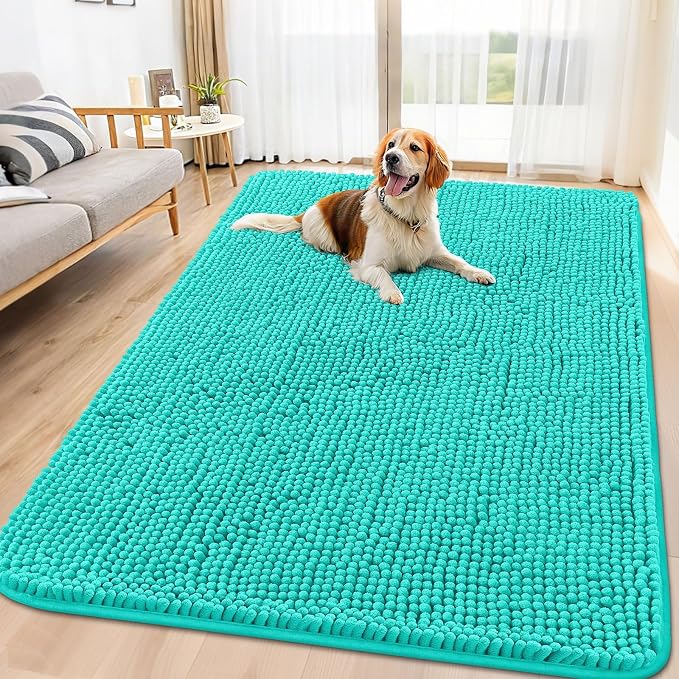Smiry Dog Door Mat for Muddy Paws 70x32, Absorbent Dirt Trapper, Non-Slip Washable Chenille Entryway Rug for Inside Floor, Teal, Classic Solid