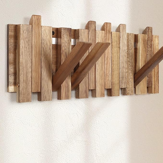 Wall Coat Rack for Entryway: Rustic Wooden Folding 8 Hooks Mount 16.5inch Decorative Piano Hanger for Farmhouse Hallway Bathroom for Towel Backpack Jacket (Staggered Style)