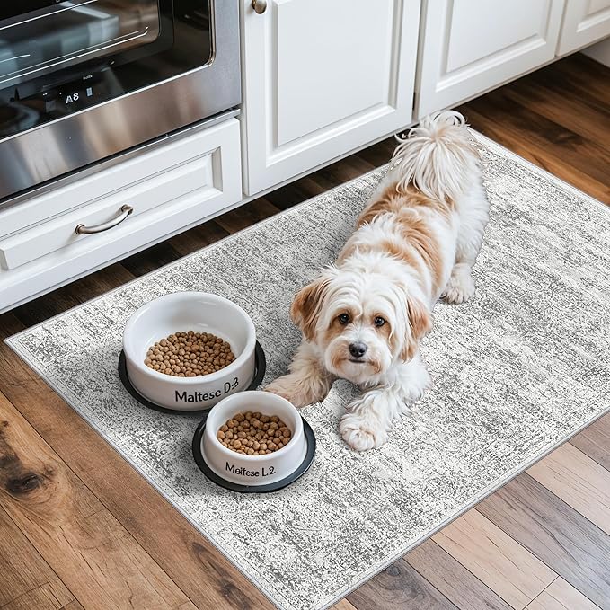 Washable Rug 2x3 for Entryway, Small Non-Slip Kitchen Throw Mat for Sink, Soft Low-Pile Stain & Fade-Resistant Indoor Mat for Pet Area & Bathroom (Grey/Ivory)