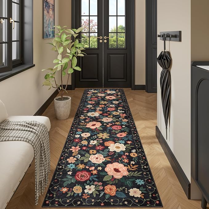 DUKINO Runner Rug for Hallway, 2.6x10 Washable Floral Long Kitchen Rug with Non Slip Backing, Boho Lightweight & Stain Resistant Soft Runners for Indoor Entrance, Laundry, Living Room, Bedroom, Black