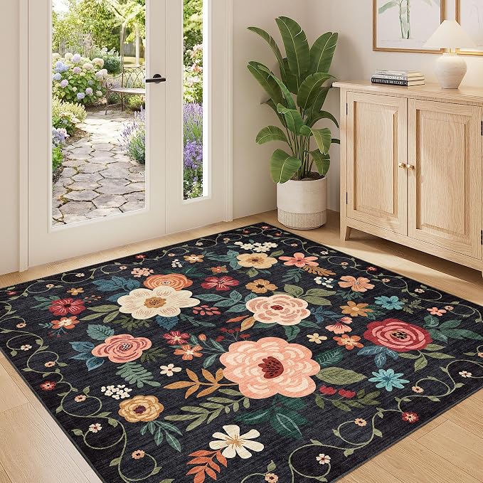 DUKINO 4x4 Square Area Rug, Floral Indoor Floor Washable Entryway Rug with Low Pile Design, Boho Non Slip Thin Doormat Carpet for Kitchen, Bedroom, Living Room, Office, Kids Playroom, Black