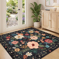 DUKINO 4x4 Square Area Rug, Floral Indoor Floor Washable Entryway Rug with Low Pile Design, Boho Non Slip Thin Doormat Carpet for Kitchen, Bedroom, Living Room, Office, Kids Playroom, Black