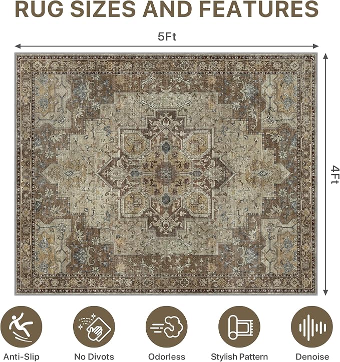 48"x60" Office Chair Mat for Hardwood Tile Floor, Under Desk Carpet Protector for Rolling Computer Chair Mat, Machine Washable Area Rug, Anti-Slip 1/5" Thick Low Pile Thin Vinyl Floor Mat, Brown