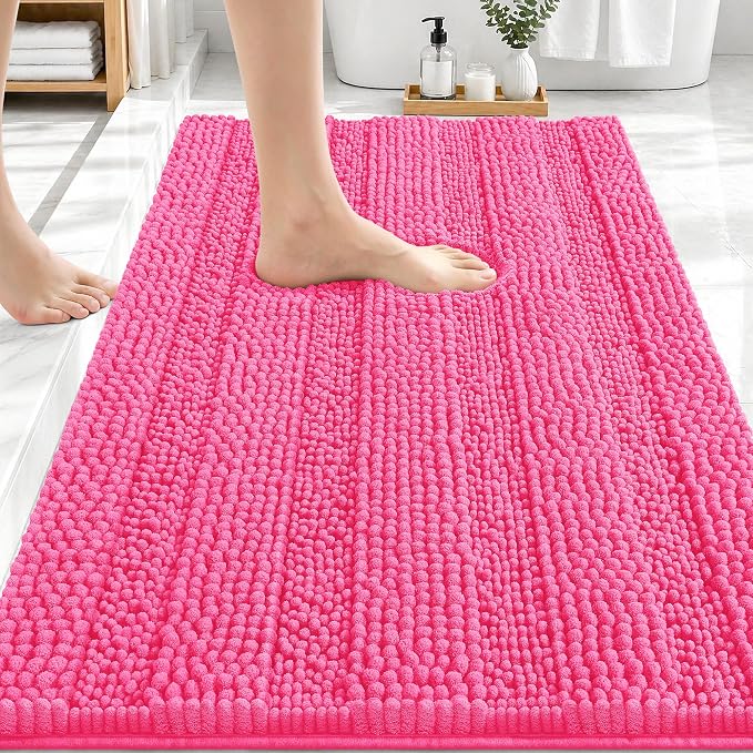 OLANLY Thick Bathroom Rugs 30x20, Extra Soft Absorbent Chenille Striped Bath Rugs, Rubber Backing, Machine Wash Dry, Bath Mats for Bathroom Floor, Tub and Shower, Home Decor Accessories, Hot Pink