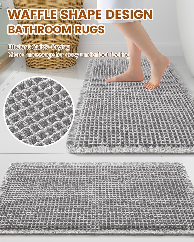 Smiry Waffle Bath Mat 60x24, Extra Soft Absorbent Bathroom Rugs, Non Slip Machine Washable Quick Dry Bath Rugs for Bathroom Floor, Tub, Shower, Home Decor Accessories, Light Grey