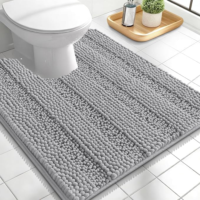 OLANLY Thick Toilet Rugs U-Shaped 24x20, Extra Soft Absorbent Chenille Striped Contour Bathroom Rugs for Toilet, Dry Quickly, Machine Washable, Non-Slip Bath Mat, Light Grey