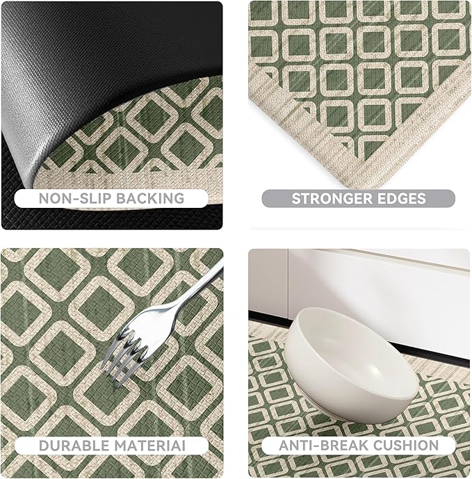 Sage Green Vintage Geometric Elegance Grid Kitchen Rug Sets [2 PCs], Anti-Fatigue, Waterproof Non-Slip Kitchen Mats Heavy Duty Comfort Foam Rug for Kitchen, Floor, Laundry,17"x29"+17"x47"