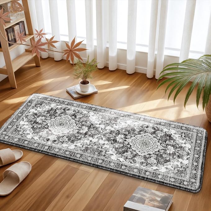 Boho Kitchen Mats for Floor 2 Piece Set Anti Fatigue Cushioned PVC Kitchen Rugs Non Slip Waterproof Farmhouse Mats 2/5 Inch Comfort Standing Mat for Sink, Laundry, 17.3"x59"+17.3"x28", Grey