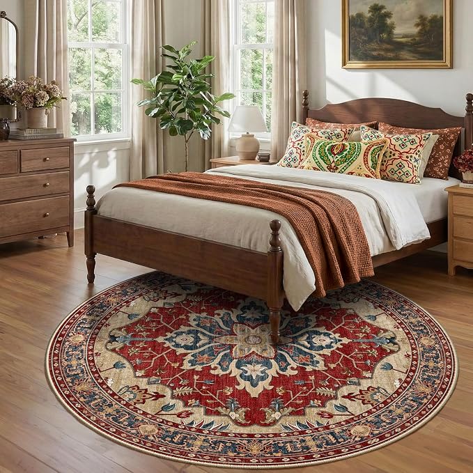 RELEANY Area Rugs Round 8ft Washable Non-Slip, Floral Vintage Distress Medallion Carpet for Living Room Bedroom Dining Room, Red Blue