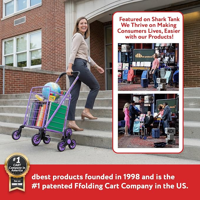 dbest Products Stair Climber Cruiser Cart Shopping Grocery Rolling Folding Laundry Basket on Wheels Foldable Utility Trolley Compact Lightweight Collapsible, Purple