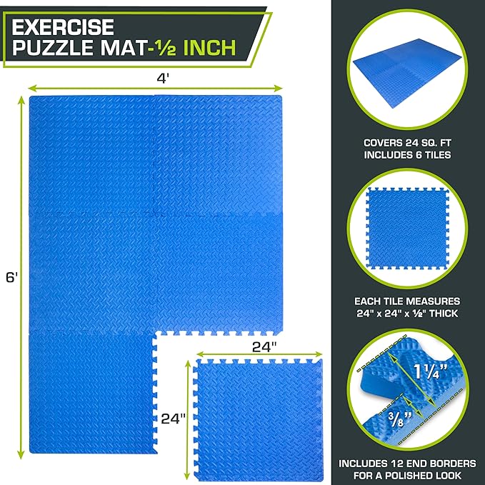 ProsourceFit Exercise Puzzle Mat ½-inch, EVA Interlocking Foam Floor Tiles for Home Gym, Workout Equipment, Kids Play Areas, Blue, 24 SQ FT - 6 Tiles
