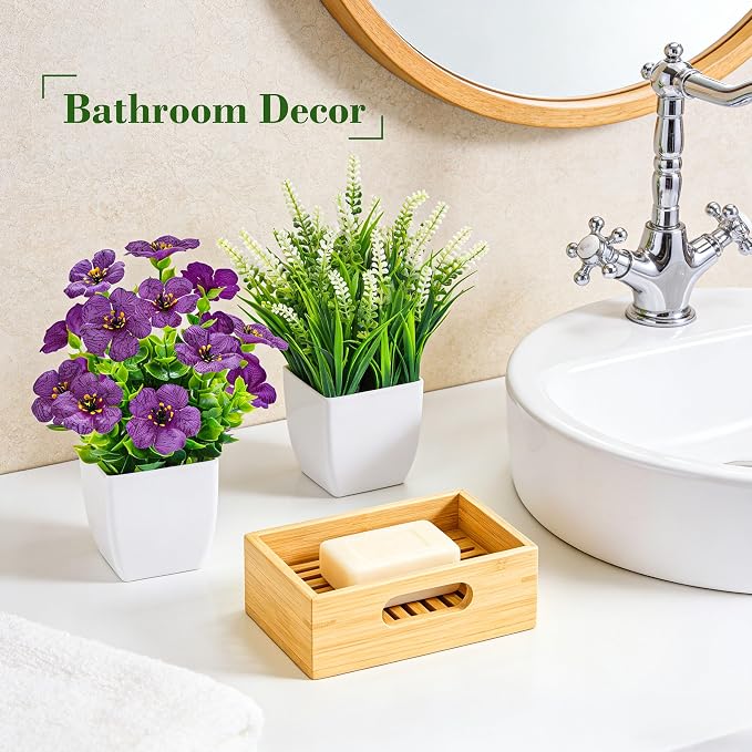 Der Rose Fake Plants 4 Pack Small Artificial Flowers in White Pots for Desk Bathroom Shelf Bedroom Office Tabletop Spring Home Decor