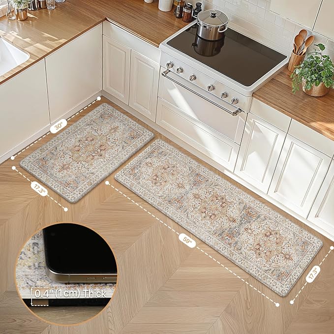 GENIMO Kitchen Mats for Floor, 2PCS Kitchen Rugs Non Slip Washable, Waterproof Anti Fatigue Mat, Comfort Standing Runner Rug for Sink, Office, Laundry, Home, 17.3"x59"+17.3"x30", Orange&Brown