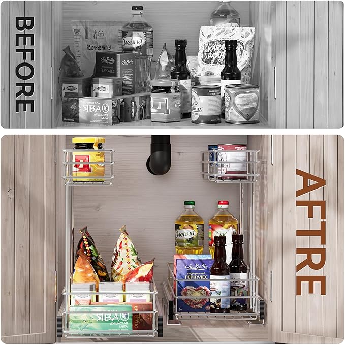 Under Sink Organizer 9"W X18.5"D，Pull Out Cabinet Organizer 2 Tier，Under Sink Slide Out Organizer Chrome Plated, Under Kitchen Bathroom Sink Organizer, Pantry Cabinet Closet Organization Rack, 1 Pack