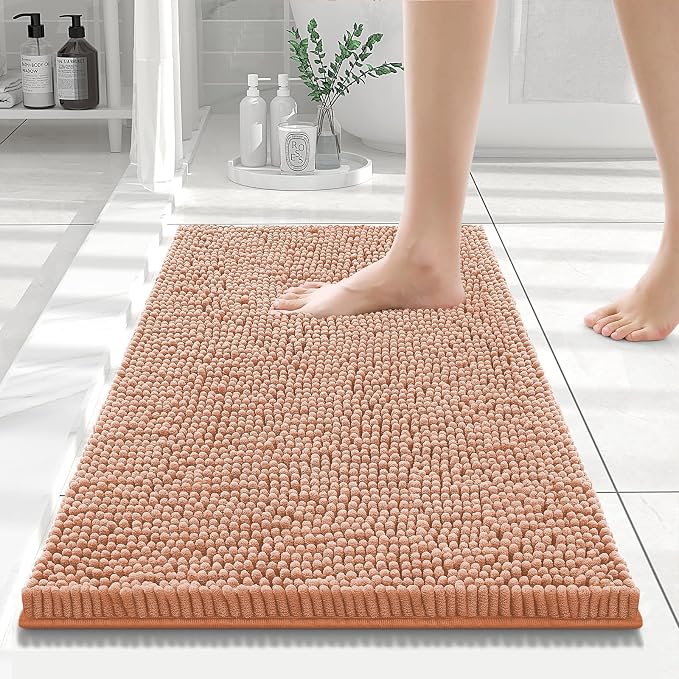 Smiry Luxury Chenille Bathroom Rugs 24x16, Extra Soft and Absorbent Shaggy Bath Mat, Machine Washable, Non-Slip Plush Carpet Runner for Tub, Shower, and Floor, Home Decor Accessories, Peach