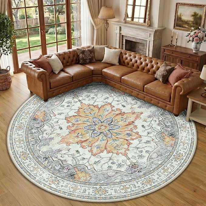 RELEANY Area Rugs Round 10ft Washable Non-Slip, Floral Vintage Distress Medallion Carpet for Living Room Bedroom Dining Room, Beige Carbon Grey Orange