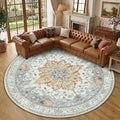 RELEANY Area Rugs Round 10ft Washable Non-Slip, Floral Vintage Distress Medallion Carpet for Living Room Bedroom Dining Room, Beige Carbon Grey Orange
