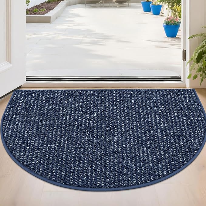 BEQHAUSE Dirt Trapper Door Mat 24" x 36" Half Circle Non-Slip Washable Doormats Entrance Rugs Absorbent Welcome Low Profile Floor Mats for Front Back Door and Entryway, Blue