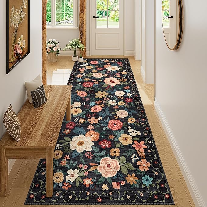DUKINO 3x8 Runner Rug, Washable Rug for Kitchen with Non Slip Backing, Soft Non Shedding & Low Pile Design Long Floor Carpet Runner for Hallway, Bathroom, Entryway, Laundry, Black