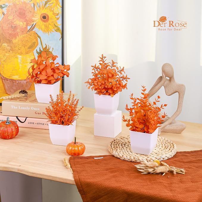 Der Rose 4 Pack Fall Fake Plants Mini Artificial Greenery Potted Plants Fall Decorations for Home Decor Indoor Office Table Room Farmhouse Bathroom Fall Decor