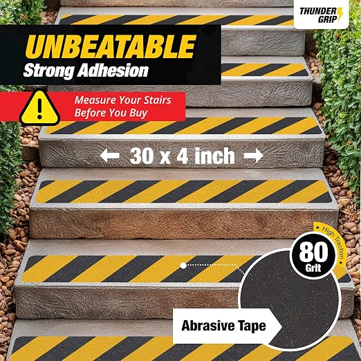 Black and Yellow Non Slip Strips for Steps 30" x 4" 12-Pack Outdoor Stair Treads - Waterproof Anti Slip Grip Tape for Safety Walk - Strong Adhesive Caution Tape for Floor and Ramps by Thunder Grip