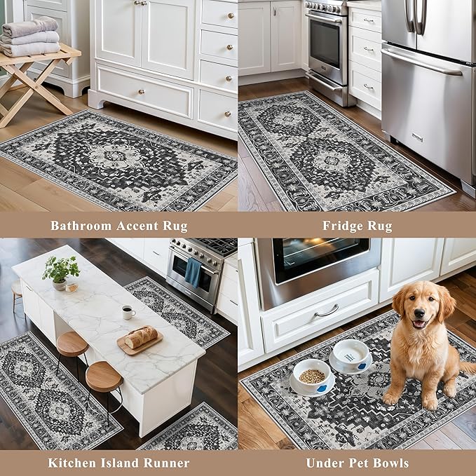 3-Piece Non-Slip Machine Washable Kitchen Rug Set with Runner – Soft Low Pile Thin Boho Kitchen Rugs for Hardwood Floor, Sink & Entryway, Pet-Friendly (Dark Grey, 2x3,2x4,2x5)