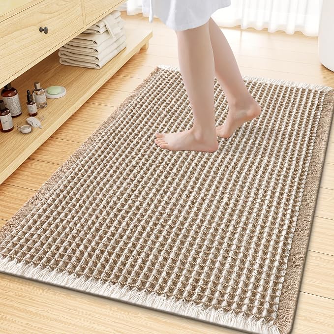 Smiry Waffle Bath Mat 47x32, Extra Soft Absorbent Bathroom Rugs, Non Slip Machine Washable Quick Dry Bath Rugs for Bathroom Floor, Tub, Shower, Home Decor Accessories, Brown & Cream