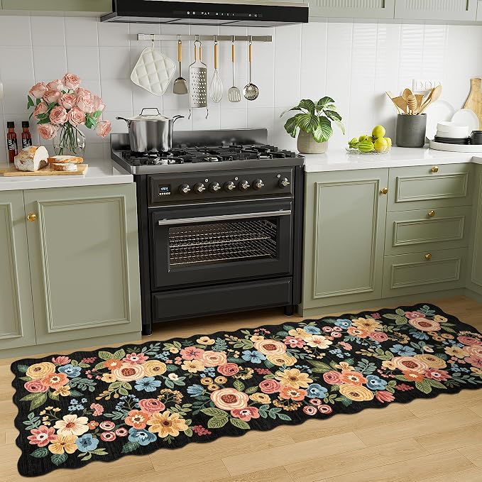 DUKINO 2x10 Runner Rug for Hallway, Washable Kitchen Rug with Non Slip Backing & Non-Shediing, Soft Low Pile Floral Design Runner for Bedroom, Kithchen, Living Room, Laundry, Bathroom, Black