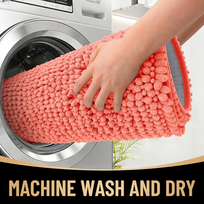 OLANLY Thick Bathroom Runner Rugs 59x24, Extra Soft Absorbent Chenille Bath Rugs, Rubber Backing, Machine Wash Dry, Long Bath Mats for Bathroom Floor, Tub and Shower, Home Decor Accessories, Coral