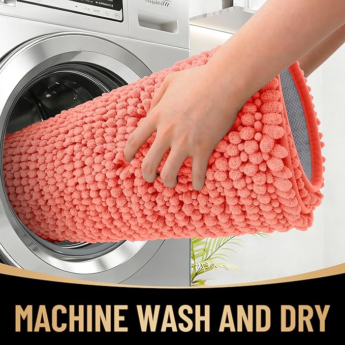 OLANLY Thick Bathroom Runner Rugs 44x24, Extra Soft Absorbent Chenille Bath Rugs, Rubber Backing, Machine Wash Dry, Long Bath Mats for Bathroom Floor, Tub and Shower, Home Decor Accessories, Coral