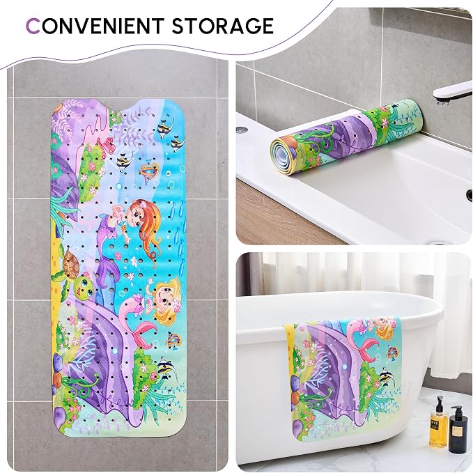 VANNOKOR Baby Bath Mat for Tub Non Slip Kids, 40 X 16 Inch Extra Long Bathtub Mat with Drain Holes and Suction Cups, Anti Slip Shower mat Machine Washable, Mermaid