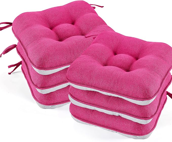 BETU Chair Cushions for Dining Chairs Set of 6,3.5" Thick Kitchen Table Chair Pads with Ties,Non Slip Backing and Covers, Seat Cushion for Dining Room,Bar,Patio Chairs,15.5"X15.5"X3.5",Hot Pink