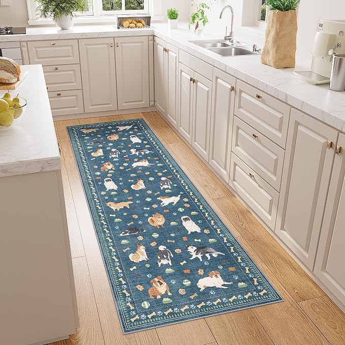 DUKINO 2x6 Washable Runner Rug for Hallway, Non Slip Animal Dog Kitchen Rug with Low Pile Design, Ultra Soft & Stain Resistant Indoor Carpert Runner for Entryway, Bedroom, Laundry, Bathroom, Blue