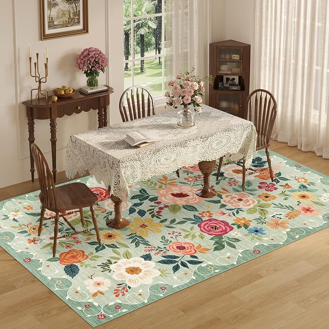 DUKINO Washable 5x8 Area Rug for Living Room, Lightweight Non Slip Floral Bedroom Rug with Non Shedding Design, Soft Low Pile Large Indoor Carpet for Dining Room, Kids Playroom, Nursery, Office, Green