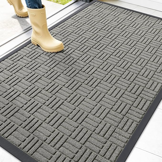 OLANLY Front Door Mat Outside Entrance 47x32, Absorbent, Heavy Duty Sturdy Natural Rubber Doormat Indoor Outdoor, Non-Slip, Stain and Fade Resistant, Low Profile Floor Mat for Entryway, Modern Gray