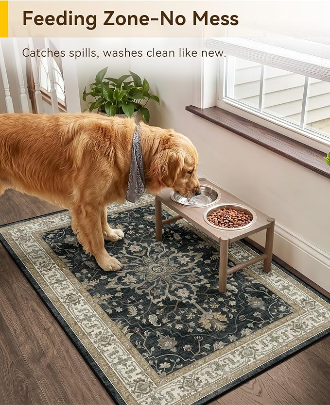 RELEANY Area Rugs Small 2'x3' Washable Non-Slip, Floral Vintage Distress Medallion Carpet for Kitchen Entryway Bathroom, Vintage Black Brown Neutral