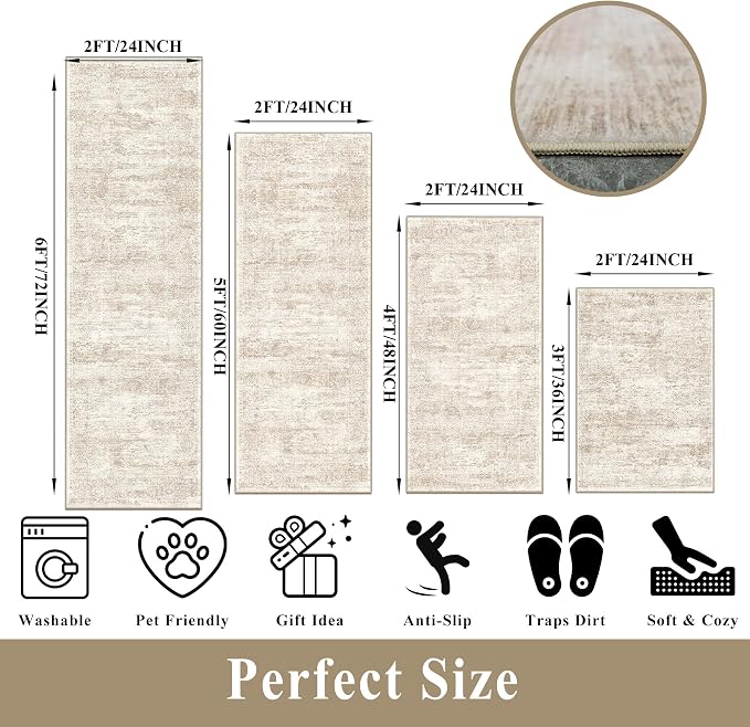4 Piece Washable Kitchen Rug Set, Non Slip Kitchen Mats for Floor Stain Resistant Waterproof Kitchen Sink Rug Set for Kitchen, Floor, Office(Cream Beige, 2x3+2x4+2x5+2x6)