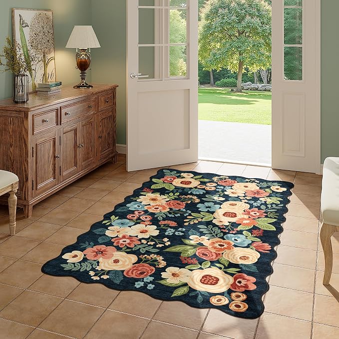 DUKINO 3x5 Area Rug, Floral Non-Slip Indoor Washable Rug with Low Pile & Non-Shedding, Lightwight Boho Design Carpet for Entryway, Bedroom, Kids Room, Living Room, Kitchen, Navy Blue