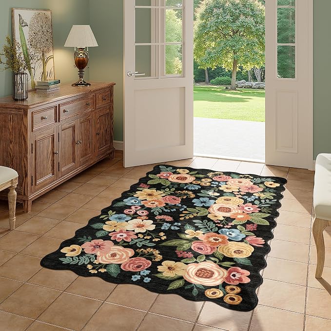 DUKINO 3x5 Area Rug, Floral Non-Slip Indoor Washable Rug with Low Pile & Non-Shedding, Lightwight Boho Design Carpet for Entryway, Bedroom, Kids Room, Living Room, Kitchen, Black