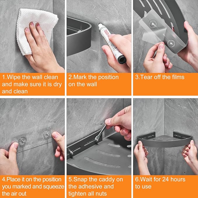 DUFU Adhesive Corner Shower Caddy with Hooks,Bathroom Shower Organizer, No Drilling Rust Proof Aluminum Shower Shelf for Inside Shower 2 Pack (Grey)