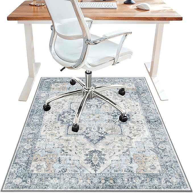 48"x72" Office Chair Mat for Hardwood Tile Floor, Under Desk Carpet Protector for Rolling Computer Chair Mat, Machine Washable Area Rug, Anti-Slip 1/5" Thick Low Pile Thin Vinyl Floor Mat, Blue